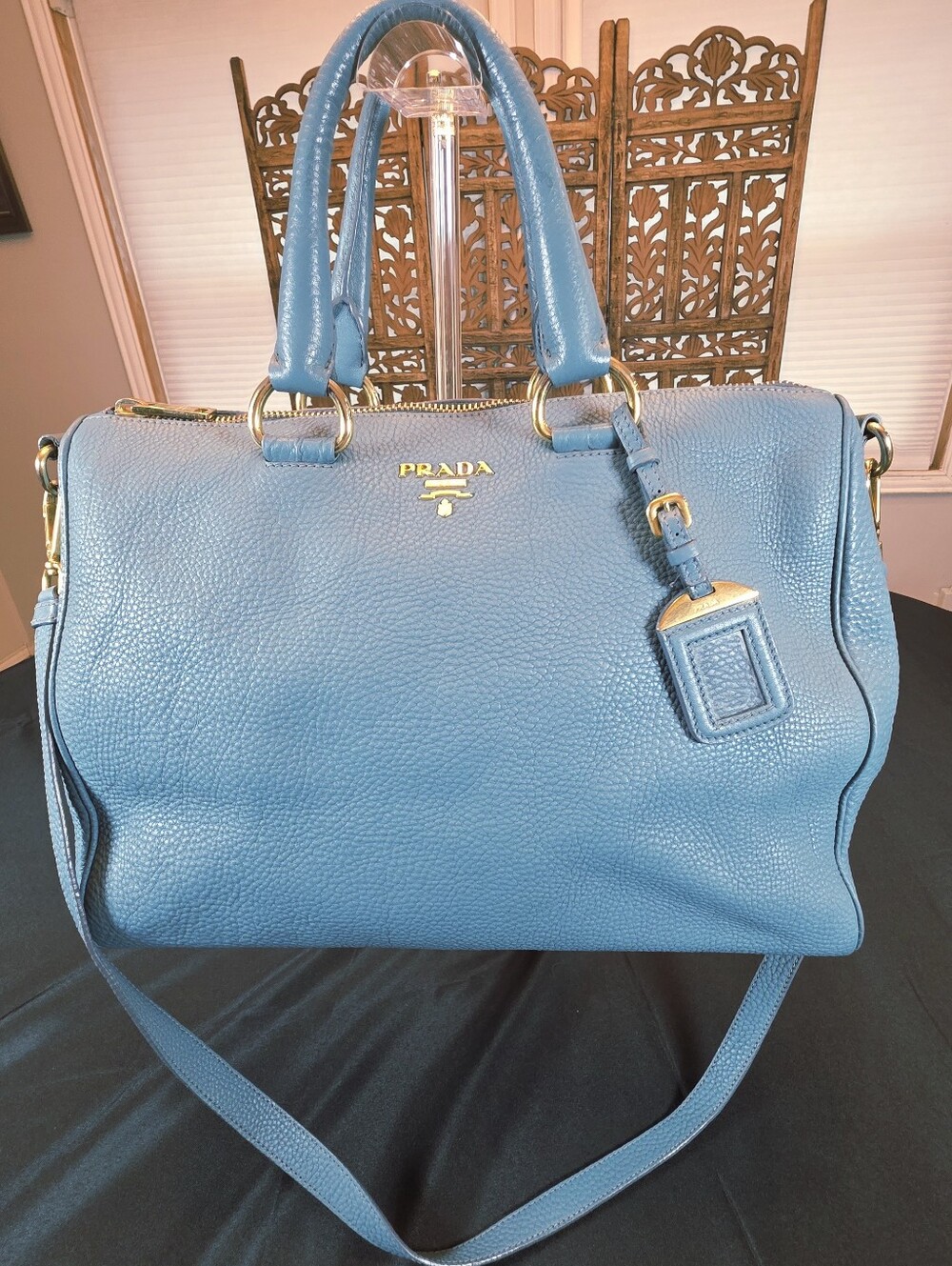 Authentic Prada Vitello Daino Soft Blue Pebbled Leather Top Handle Handbag